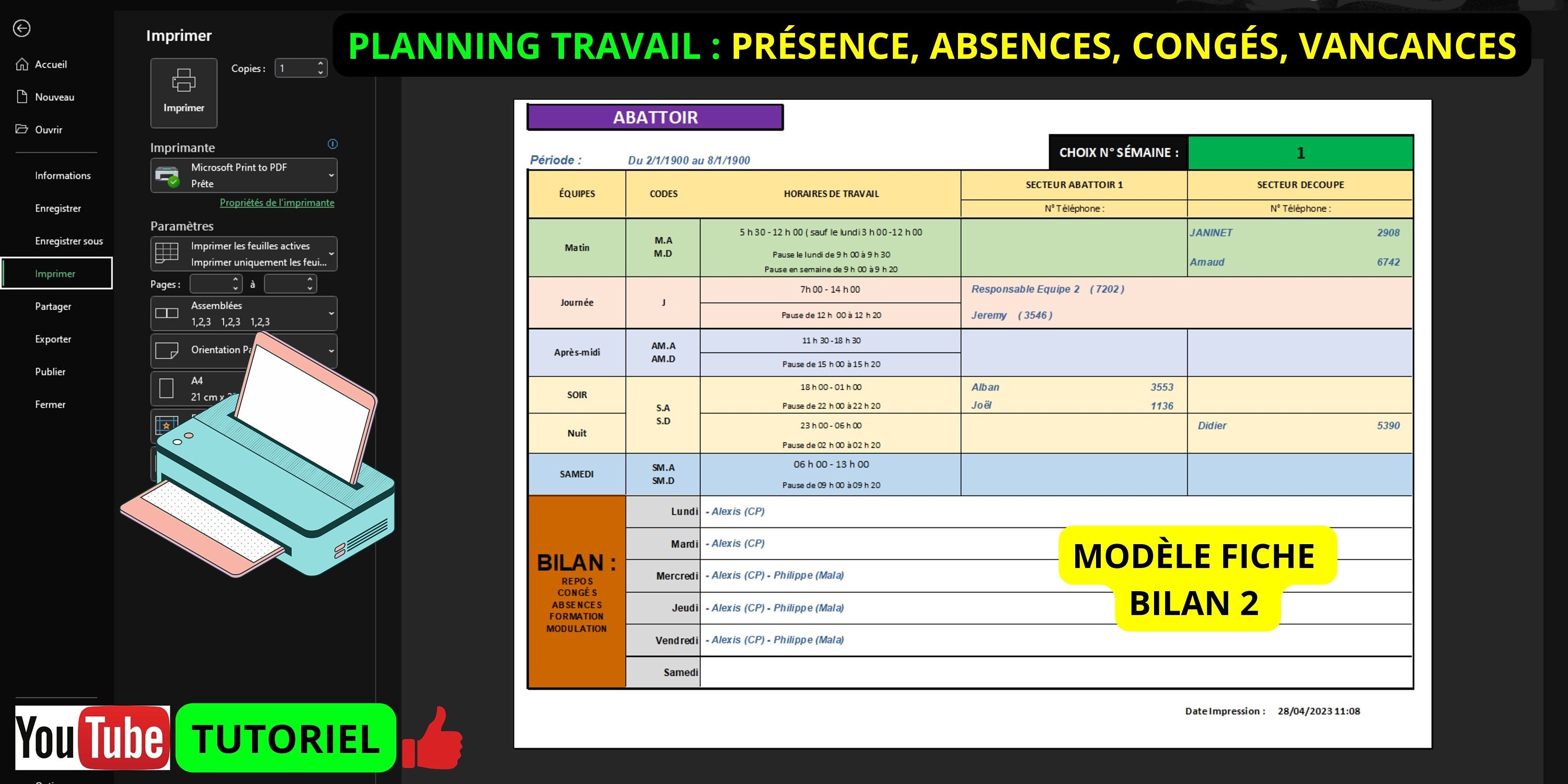 Planning de travail, congés et absences sur Excel / Planning de travail ...