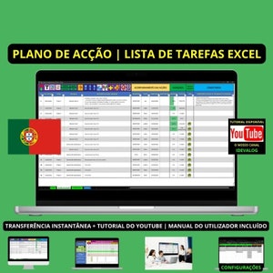 Puede incluir: Una pantalla de computadora portátil que muestra una hoja de cálculo con el título "Plano de Ação | Lista de Tarefas Excel". La hoja de cálculo está en portugués e incluye columnas para el nombre de la tarea, la fecha límite, el estado y los comentarios. La computadora portátil está sobre un fondo verde con una bandera portuguesa en la esquina inferior izquierda. El texto "TRANSFERÊNCIA INSTANTÂNEA + TUTORIAL DO YOUTUBE | MANUAL DO UTILIZADOR INCLUÍDO" se muestra debajo de la computadora portátil.