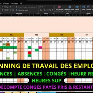 May include: A spreadsheet with a calendar for January and February 2023. The spreadsheet is titled "Planning de Travail des Employés" and includes the text "Présences | Absences | Congés | Heure Recup | Heures Sup" and "Décompte Congés Payés Pris & Restants".