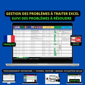 Puede incluir: Una pantalla de computadora portátil que muestra una hoja de cálculo con el título "Gestion des problèmes à traiter Excel Suivi des problèmes à résoudre". La hoja de cálculo está en francés e incluye columnas para el proyecto, la fecha, la descripción y el estado. La computadora portátil está sobre un fondo azul con el texto "Téléchargement instantané | + Tutoriel Youtube | Manuel utilisation inclus" debajo. Hay tres imágenes más pequeñas de computadoras portátiles que muestran la hoja de cálculo desde diferentes ángulos.