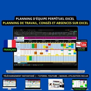 May include: A laptop screen displaying a spreadsheet with a colorful schedule for a team's work, vacation, and absences. The spreadsheet is titled "Planning Perpetual de Travail & de Congés du Personnel". The image also includes a YouTube logo and the text "TUTORIAL DISPONIBLE".