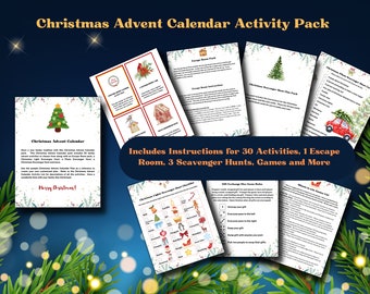 Christmas Advent Calendar Activity Pack | Advent Calendar Plan, 30 Activities, Escape Room, Scavenger Hunts & Games | Digital and Printable