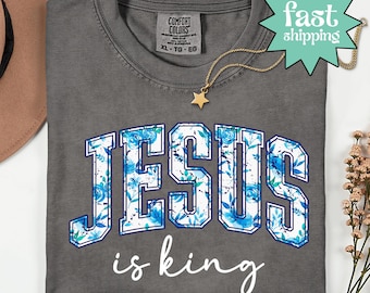Comfort Colors® Jesus Is King Shirt, Floral Jesus Tshirt, Toile de Jouy Christian T-Shirt, Church Outfit, Bible Study Shirt, Religious Tee