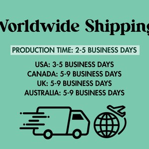 The image is a promotional graphic for worldwide shipping, displaying the production time and business days for shipping to various countries.
