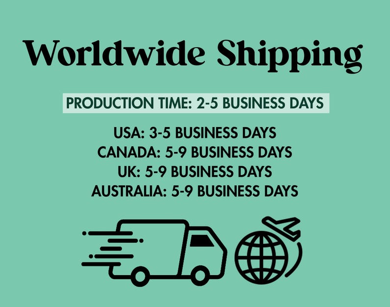 The image is a promotional graphic for worldwide shipping, displaying the production time and business days for shipping to various countries.