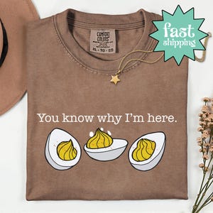 Può includere: T-shirt marrone con la scritta "You know why I'm here" e una grafica di tre uova ripiene. La maglietta ha girocollo e maniche corte. Una collana a stella dorata è drappeggiata sulla maglietta.