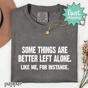 Puede incluir: Camiseta Comfort Colors gris oscuro con el texto "SOME THINGS ARE BETTER LEFT ALONE. LIKE ME, FOR INSTANCE." Un colgante de estrella dorada cuelga de una cadena dorada. La camiseta está doblada.