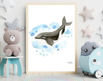 Impression aquarelle pour chambre enfant Animaux de la Mer, Rorka le petit orque, décoration de chambre d'enfant bohème, neutre