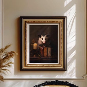 Opossum with Books | Traditional fine art prints, Possum gifts, Contemporary home decor, Brown aesthetic room decor, Modern vintage wall art