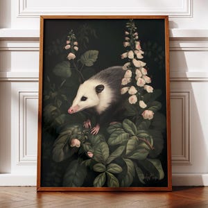 Floral opossum painting, Dark botanical wall art prints, Cottagecore home decor, Moody aesthetic room decor, Quiet luxury, Possum artwork