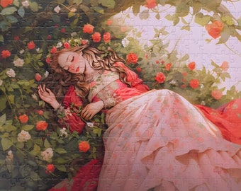 May include: A woman in a pink and red dress sleeps peacefully in a bed of pink and white flowers.