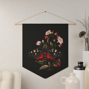 Moth fabric pennant | Witchy gift for her, Dark academia home decor, Witchy decor, Gothic room decor, Floral wall art, Botanical wall art