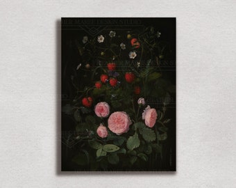Strawberries and Roses | Canvas art prints, Botanical wall art canvas, Dark bohemian decor, Painting on canvas, Moody canvas print