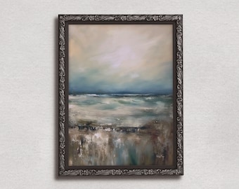 May include: A framed abstract painting of a seascape with a muted color palette of blues, grays, and browns. The painting depicts a calm ocean with a horizon line and a cloudy sky.