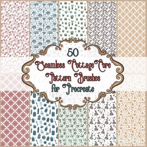 May include: A set of 50 seamless pattern brushes for Procreate, featuring cottagecore designs. The patterns include floral, geometric, and whimsical motifs in various colors.