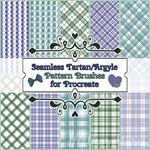 May include: A set of 10 seamless tartan and argyle pattern brushes for Procreate. The brushes feature various color combinations, including green, blue, and white.