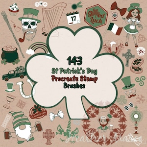 May include: 143 St. Patrick's Day Procreate Stamp Brushes. A digital illustration of a shamrock with a green and white color scheme. The shamrock is surrounded by various St. Patrick's Day themed illustrations, including a leprechaun, a pot of gold, a horseshoe, and a harp.