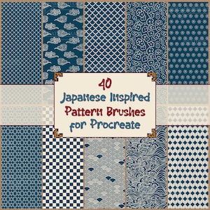 Japanese brushes for Procreate, Japanese seamless patterns, Fabric patterns, Procreate Asian pattern brush set, Flower patterns, Geometric