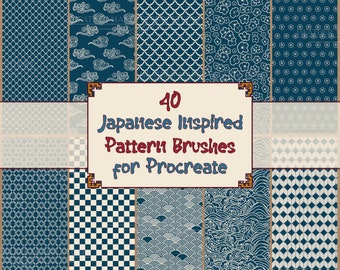 Japanese brushes for Procreate, Japanese seamless patterns, Fabric patterns, Procreate Asian pattern brush set, Flower patterns, Geometric