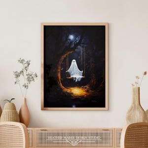 Ghost on a swing | Witchy fine art prints, Quirky ghost portrait, Halloween artwork, Aesthetic room decor, Gothic home decor, Night time art