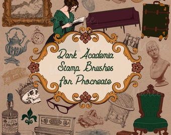 Dark academia stamps for Procreate | Book brushes, Furniture stamp brushes, Vintage brush bundle, Tattoo flash, Procreate coloring pages