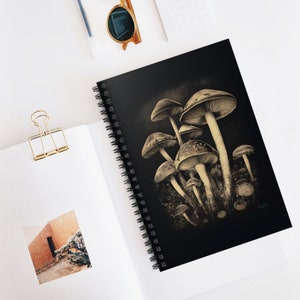 Mushroom spiral notebook, Ruled line notebook, Fungi notebook, Goblincore art, Moody writing journal, Gothic artwork, Journal stationery art
