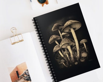 Mushroom spiral notebook, Ruled line notebook, Fungi notebook, Goblincore art, Moody writing journal, Gothic artwork, Journal stationery art