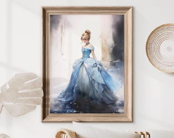 Cinderella&#39;s Waltz | Watercolor fine art prints, Princess artwork, English cottage home decor, Fairytale wall art, Blue aesthetic room decor