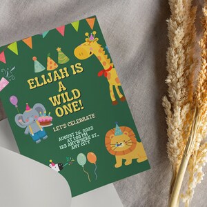 Convite para festa de aniversário infantil, cartão digital personalizado, aniversário com tema de animais, convite selvagem, cartão de feliz aniversário, cartão de aniversário divertido