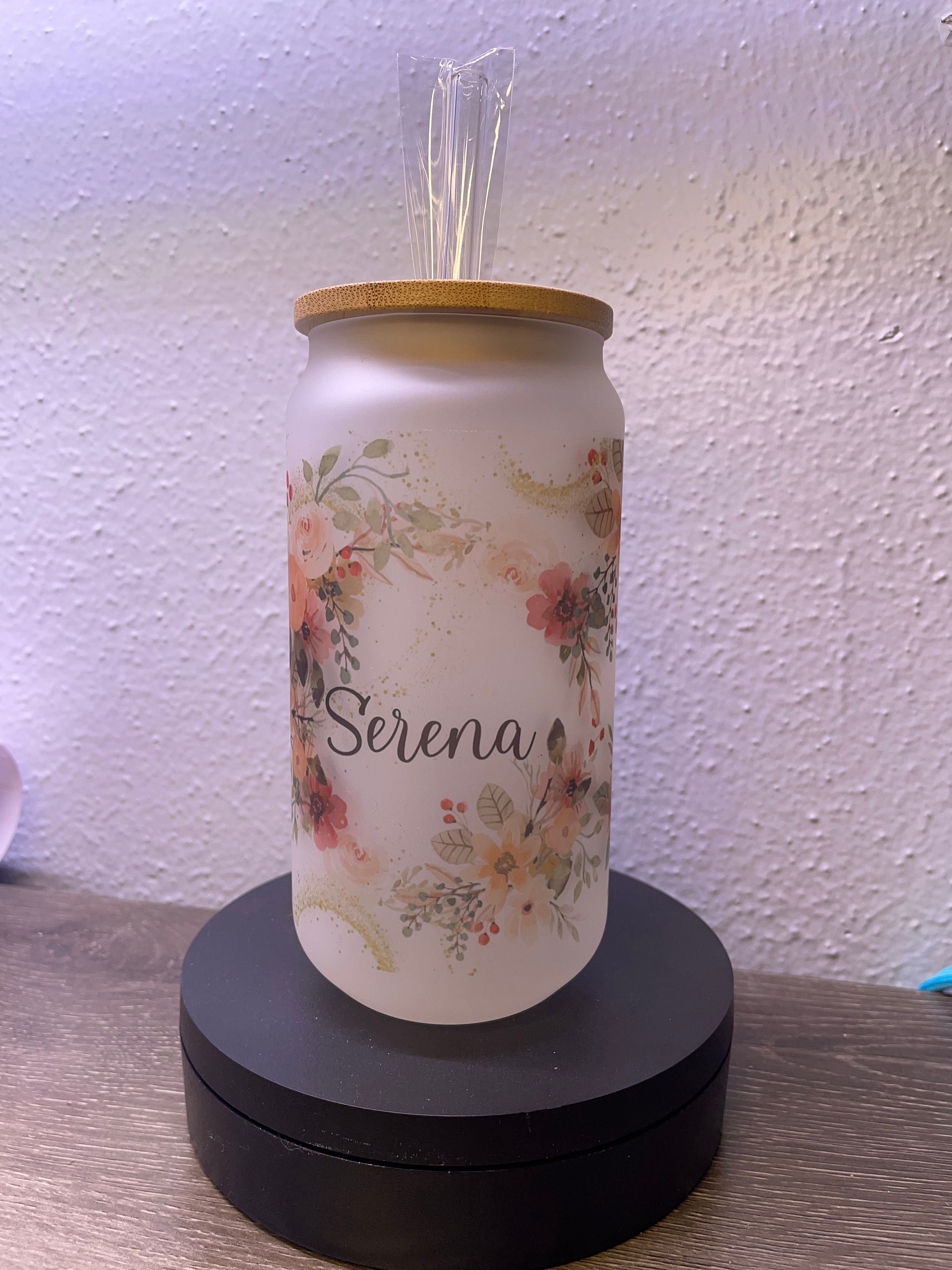 Personalized Watercolor Wildflowers 18oz frosted glass cup floral design w/  bamboo lid & straw