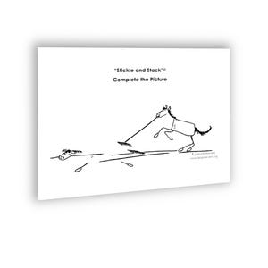 以下が含まれることがあります： 白背景に白黒の漫画イラスト。 「Stickle and Stack」と「Complete the Picture」のテキストが入った、熊手を手前に引く馬が描かれています。