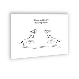 Puede incluir: Dibujo lineal en blanco y negro de dos caballos saltando una línea, cada uno sosteniendo una red. El texto "Stickle and Stack" y "Colouring Picture" está en la parte superior de la imagen.