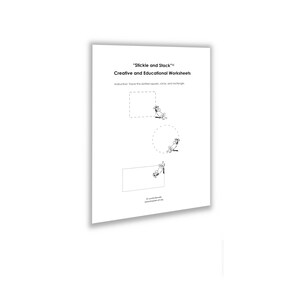 Puede incluir: Una hoja de trabajo blanca titulada "Stickle and Stack" con el subtítulo "Creative and Educational Worksheets". La hoja de trabajo presenta dibujos lineales de un cuadrado, un círculo y un rectángulo con figuras de palo. Se incluyen instrucciones.