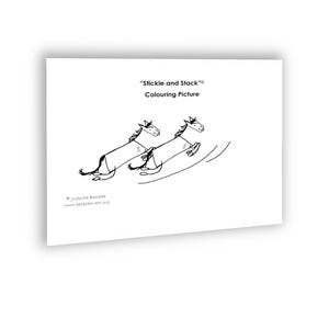 May include: A black and white colouring picture labelled "Stickle and Stack" showing two cartoon horses leaping. The horses are drawn with simple lines. The artist's name and website are at the bottom.