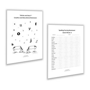 Puede incluir: Dos hojas de trabajo blancas. Una presenta letras dispersas y el texto "Stickle and Stack Creative and Educational Worksheets". La otra es una hoja de trabajo de trazado de ortografía con el texto "Spelling Tracing Worksheet Dutch Words: b."