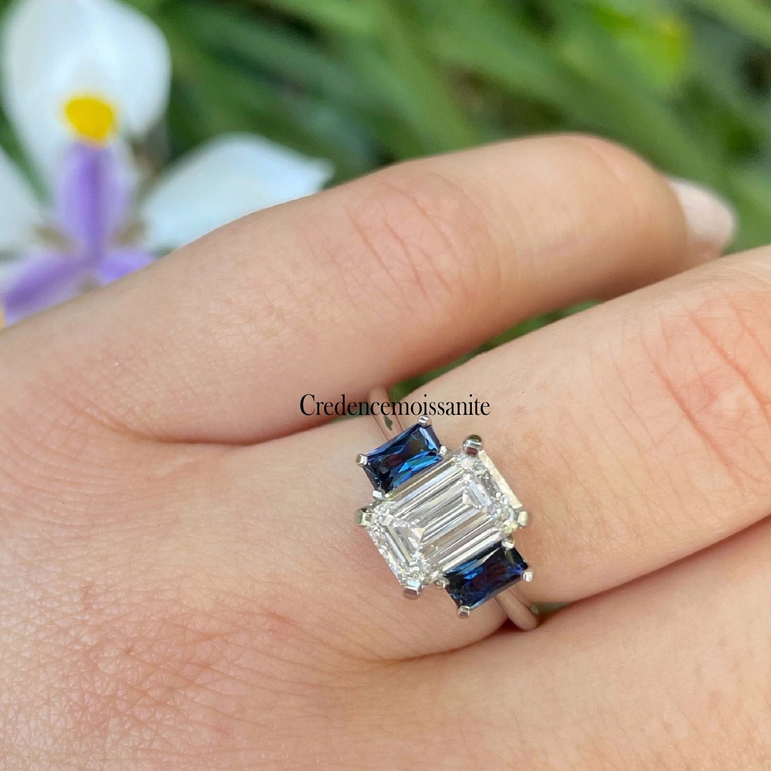 Blue Sapphire Engagement Ring Three Stone Unique Diamond Wedding Ring 2