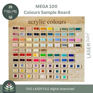 Könnte beinhalten: Ein Holz-Musterbrett mit 100 Acrylfarben, die jeweils mit ihrem Namen beschriftet sind. Das Brett ist mit "MEGA 100 Colors Sample Board" und "acrylic colours" beschriftet. Das Brett ist lasergeprüft und als digitaler Download erhältlich.