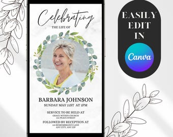 Celebration of Life Invitation, Digital Funeral Announcement, Memorial Evite, Editable Eucalyptus Funeral E-Invite, Obituary Template