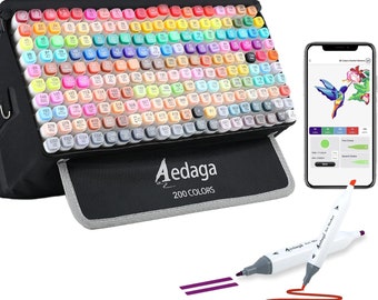May include: A set of 200 alcohol-based art markers in a black carrying case. The markers are arranged in a grid and are labeled with numbers. The case has a zipper closure and a handle. The markers are also shown individually with a red and purple stroke.