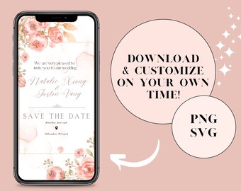 Plantilla electrónica floral rosa para guardar la fecha, archivo digital para guardar la fecha en PNG y SVG, invitación electrónica de boda, invitación digital personalizable