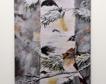 Op de afbeelding: Een schilderij van een kardinaal die op een tak zit in een besneeuwd bos. De vogel is bruin en wit met een rode borst. De achtergrond is een besneeuwd bos met een berk in het midden.