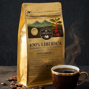 Puede incluir: Una bolsa de café dorada con el texto "100% Liberica" y una taza de café. La bolsa presenta un paisaje montañoso y granos de café. Una taza de café con borde dorado está al lado de la bolsa, con granos de café esparcidos.