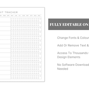 May include: A black and white printable habit tracker with a grid of circles for each day of the year. The text "HABIT TRACKER" is at the top of the page. The text "FULLY EDITABLE ON CANVA" is in a gray box at the bottom right of the page. Below the text are instructions for using Canva to edit the tracker.