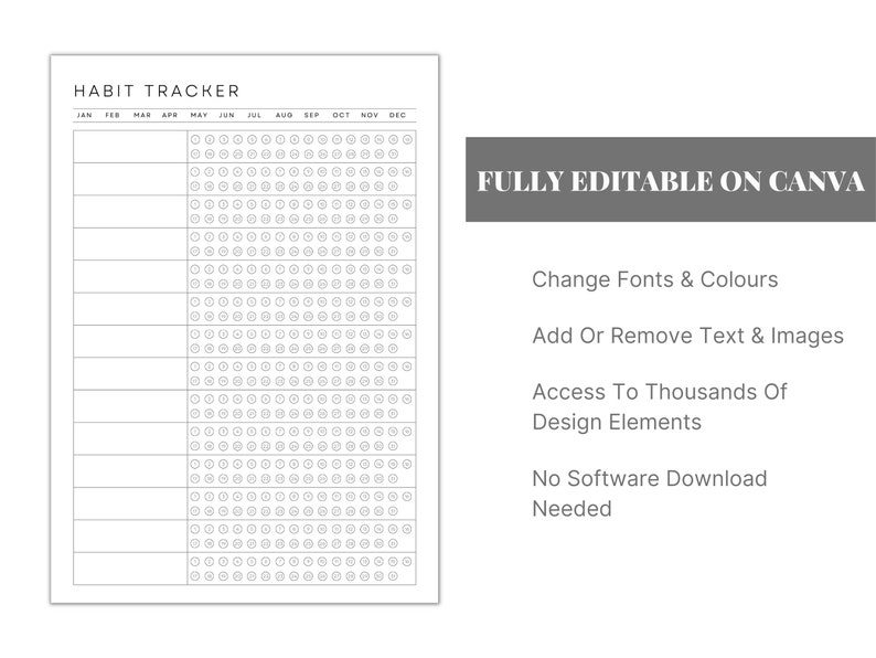 May include: A black and white printable habit tracker with a grid of circles for each day of the year. The text "HABIT TRACKER" is at the top of the page. The text "FULLY EDITABLE ON CANVA" is in a gray box at the bottom right of the page. Below the text are instructions for using Canva to edit the tracker.