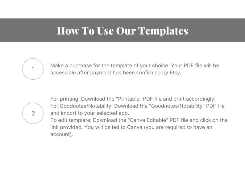 May include: A white background with a gray header that says "How To Use Our Templates".  The text below the header explains how to use the templates.  The text is numbered 1 and 2.  Number 1 says "Make a purchase for the template of your choice. Your PDF file will be accessible after payment has been confirmed by Etsy.".  Number 2 says "For printing: Download the "Printable" PDF file and print accordingly. For Goodnotes/Notability: Download the "Goodnotes/Notability" PDF file and import to your selected app. To edit template: Download the "Canva Editable" PDF file and click on the link provided. You will be led to Canva (you are required to have an account)."