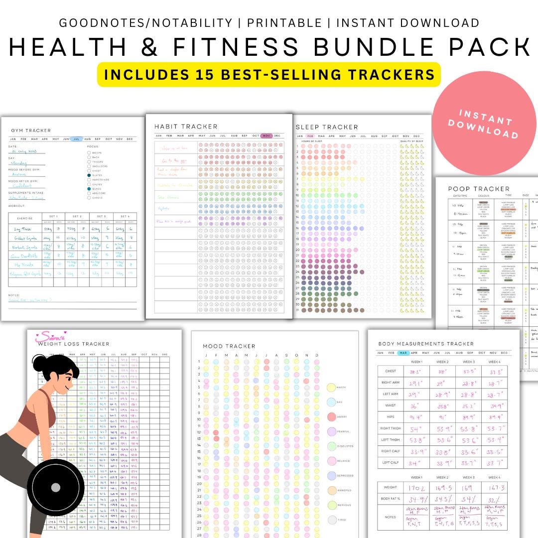 Health & Fitness Trackers Bundle Printable Pack/15 Best Selling Trackers Included/Instant Download/Digital Fitness Gym Planner Weight Log