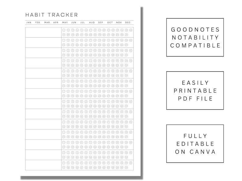 May include: A black and white printable habit tracker with a grid of circles for each day of the year. The tracker is compatible with Goodnotes and Notability apps. It is also easily printable as a PDF file and fully editable on Canva.