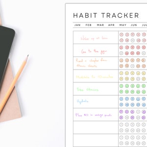 May include: A black and white habit tracker with a grid of circles for each day of the month. The tracker includes a list of habits to track, such as waking up at 6am, going to the gym, reading a chapter from Atomic Habits, meditating for 10 minutes, taking vitamins, hydrating, and taking a protein shake.