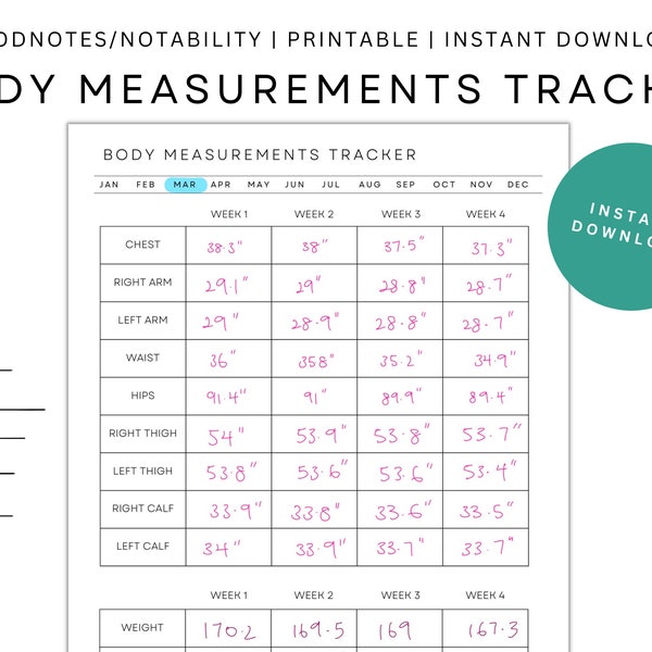 Weekly Body Measurements Tracker Printable/Health & Fitness Journal Planner/Weight Loss Journey Tracker/Simple Minimal Design Canva Editable