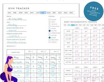 May include: A printable daily gym workout tracker with a body measurements tracker. The tracker includes sections for date, day, mood before and after gym, supplements intake, workout, and body measurements. The workout section includes a table for exercise, sets, weight, and reps. The body measurements section includes a table for chest, right arm, left arm, waist, hips, right thigh, left thigh, right calf, and left calf. The tracker is designed for use with Goodnotes and Notability.